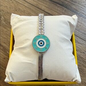Stainless Steel Evil Eye Silver Link Bracelet with Turquoise Tone Disc